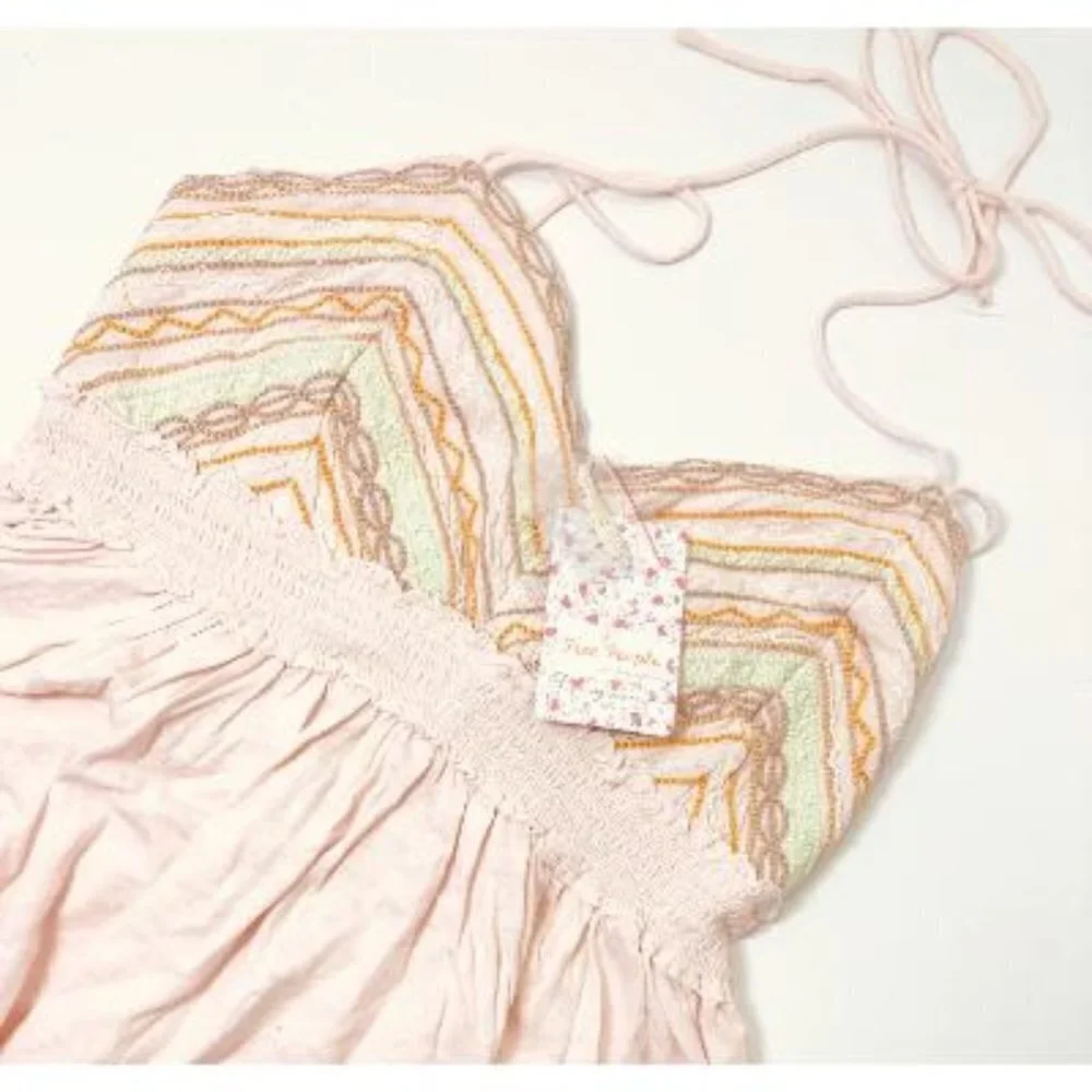 Free People Womens Pale Pink Boho Smocked Halter Lightweight Tank Top Sz L New